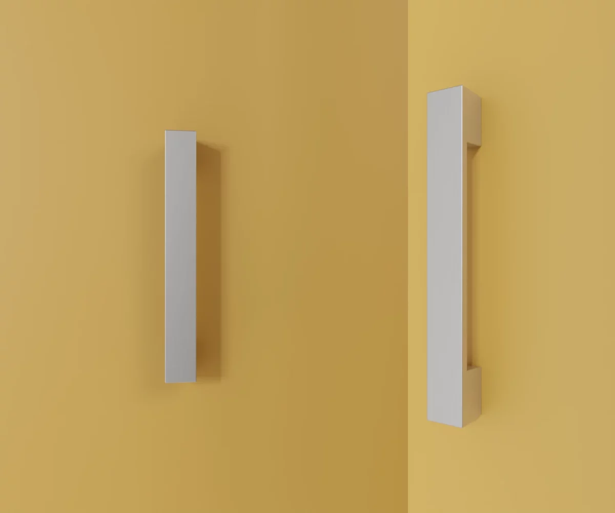 Zwei silberne Zink-Möbelgriffe vom Typ HA-ZI-10001 vor gelbem Hintergrund: links in Frontalansicht, rechts in Dreiviertelansicht.