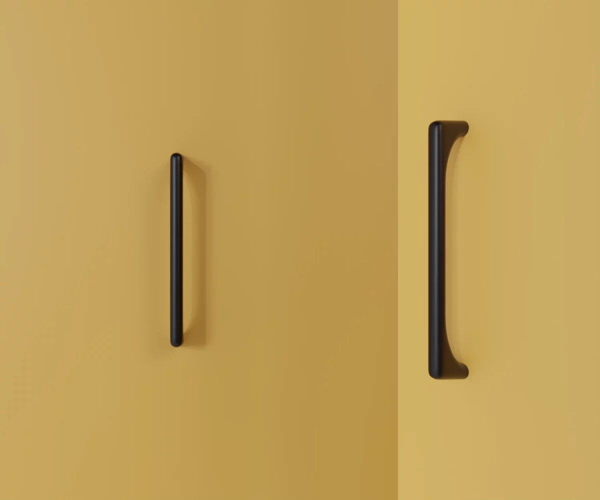 Zwei mattschwarze Zink-Möbelgriffe vom Typ HA-ZI-10002 vor gelbem Hintergrund: links in Frontalansicht, rechts in Dreiviertelansicht.