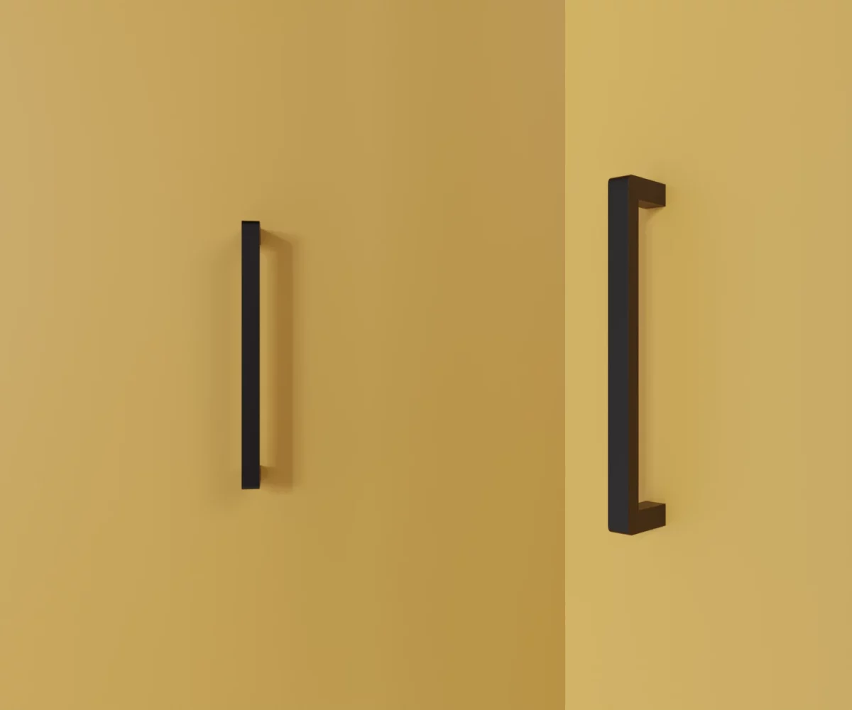 Zwei mattschwarze Zink-Möbelgriffe vom Typ HA-ZI-10003 vor gelbem Hintergrund: links in Frontalansicht, rechts in Dreiviertelansicht.
