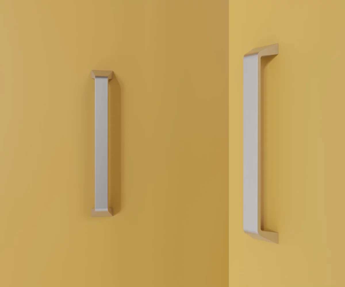 Zwei silberne Zink-Möbelgriffe vom Typ HA-ZI-10005 vor gelbem Hintergrund: links in Frontalansicht, rechts in Dreiviertelansicht.