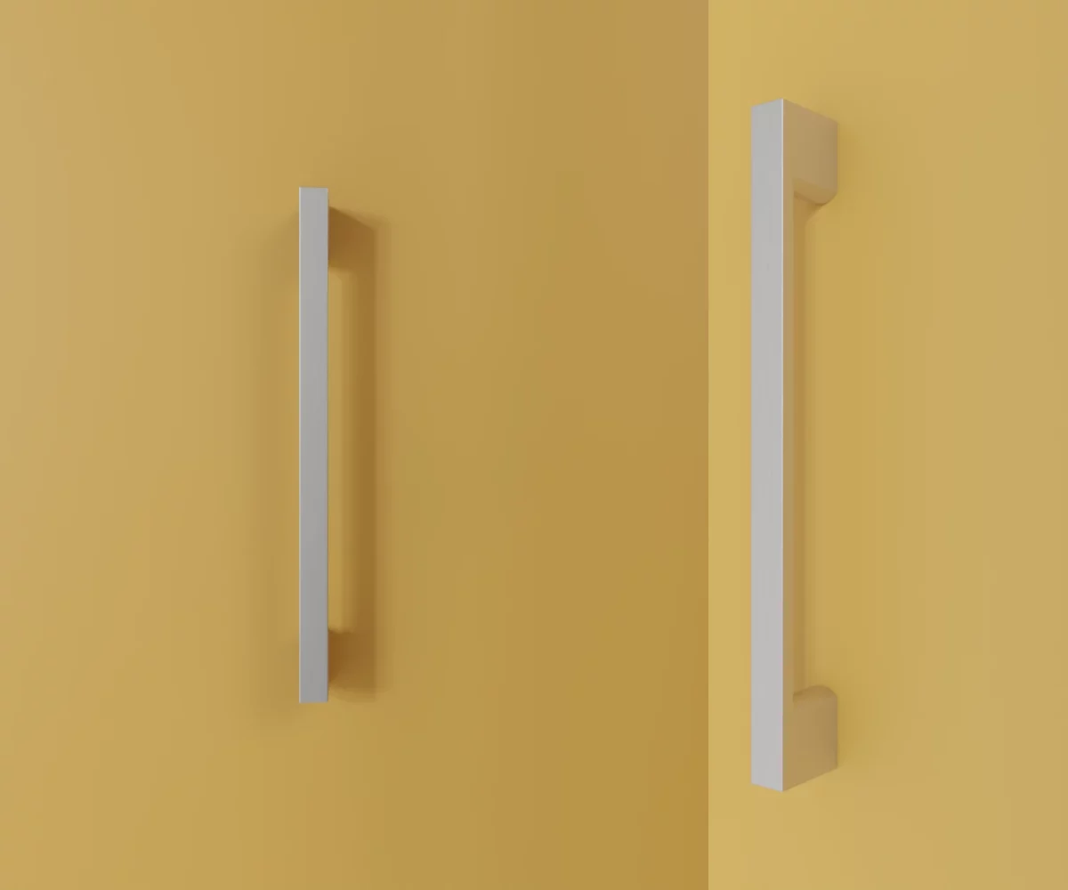 Zwei silberne Zink-Möbelgriffe vom Typ HA-ZI-10007 vor gelbem Hintergrund: links in Frontalansicht, rechts in Dreiviertelansicht.