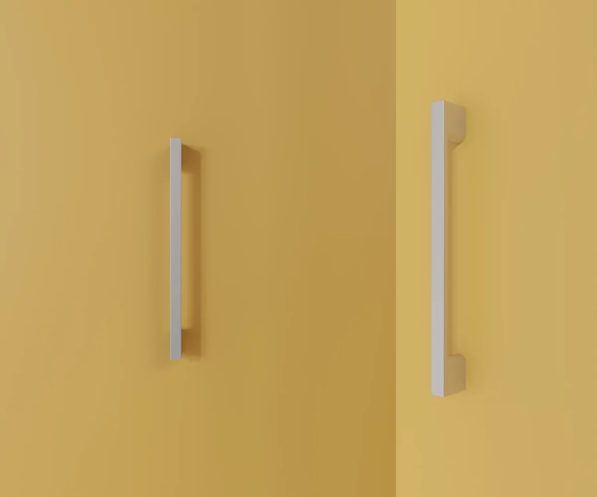 Zwei silberne Zink-Möbelgriffe vom Typ HA-ZI-10008 vor gelbem Hintergrund: links in Frontalansicht, rechts in Dreiviertelansicht.