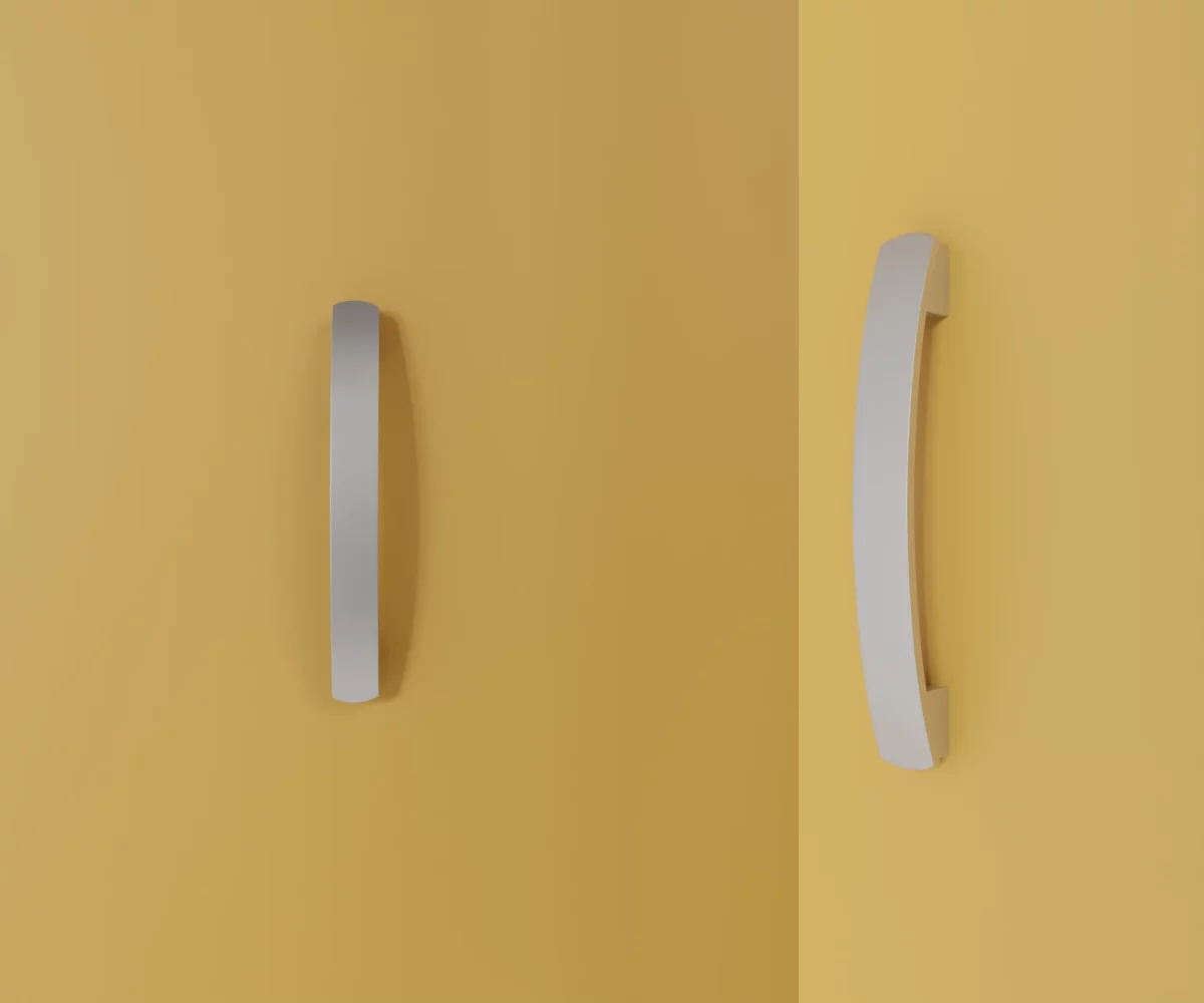 Zwei silberne Zink-Möbelgriffe vom Typ HA-ZI-10010 vor gelbem Hintergrund: links in Frontalansicht, rechts in Dreiviertelansicht.