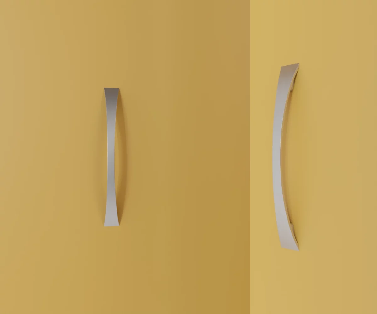 Zwei silberne Zink-Möbelgriffe vom Typ HA-ZI-10011 vor gelbem Hintergrund: links in Frontalansicht, rechts in Dreiviertelansicht.