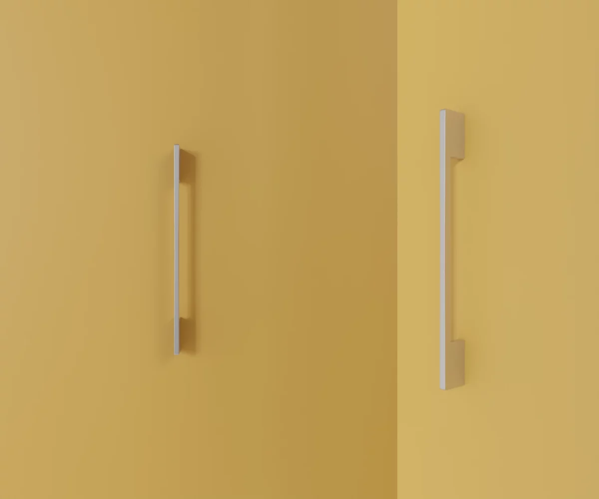 Zwei silberne Zink-Möbelgriffe vom Typ HA-ZI-10012 vor gelbem Hintergrund: links in Frontalansicht, rechts in Dreiviertelansicht.