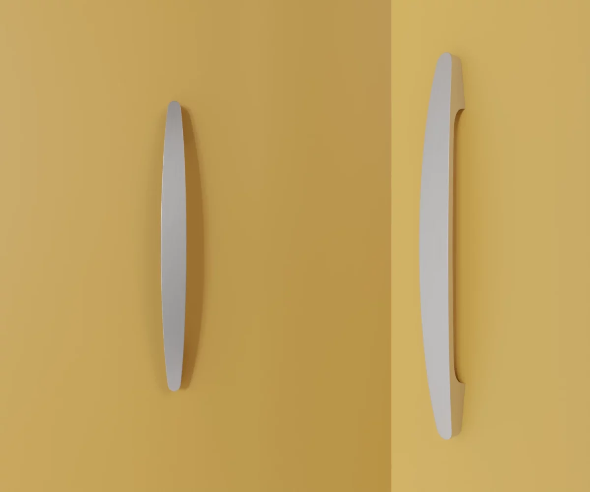 Zwei silberne Zink-Möbelgriffe vom Typ HA-ZI-10016 vor gelbem Hintergrund: links in Frontalansicht, rechts in Dreiviertelansicht.