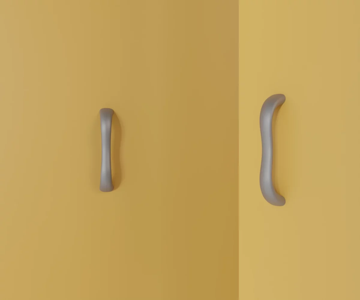 Zwei graue Zink-Möbelgriffe vom Typ HA-ZI-10018 vor gelbem Hintergrund: links in Frontalansicht, rechts in Dreiviertelansicht.