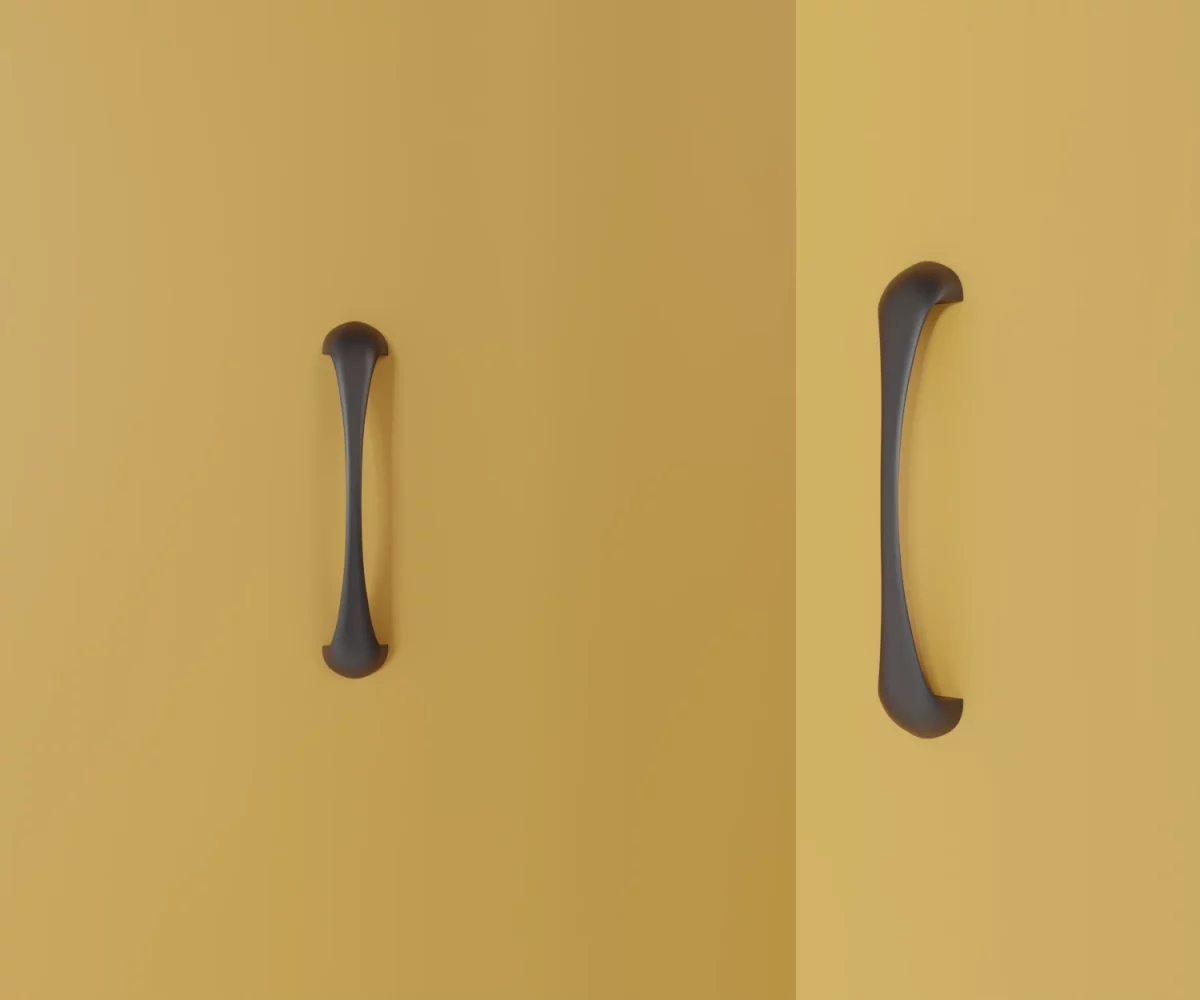 Zwei mattschwarze Zink-Möbelgriffe vom Typ HA-ZI-10024 vor gelbem Hintergrund: links in Frontalansicht, rechts in Dreiviertelansicht.