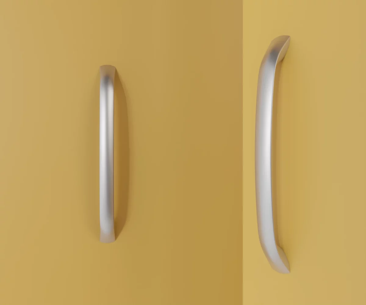 Zwei silberne Zink-Möbelgriffe vom Typ HA-ZI-10026 vor gelbem Hintergrund: links in Frontalansicht, rechts in Dreiviertelansicht.