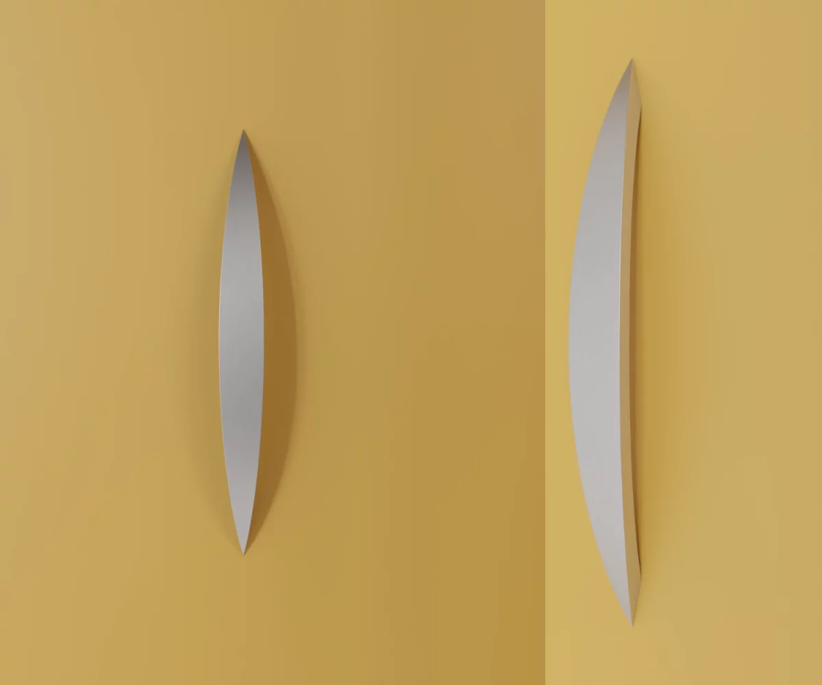 Zwei silberne Zink-Möbelgriffe vom Typ HA-ZI-10030 vor gelbem Hintergrund: links in Frontalansicht, rechts in Dreiviertelansicht.