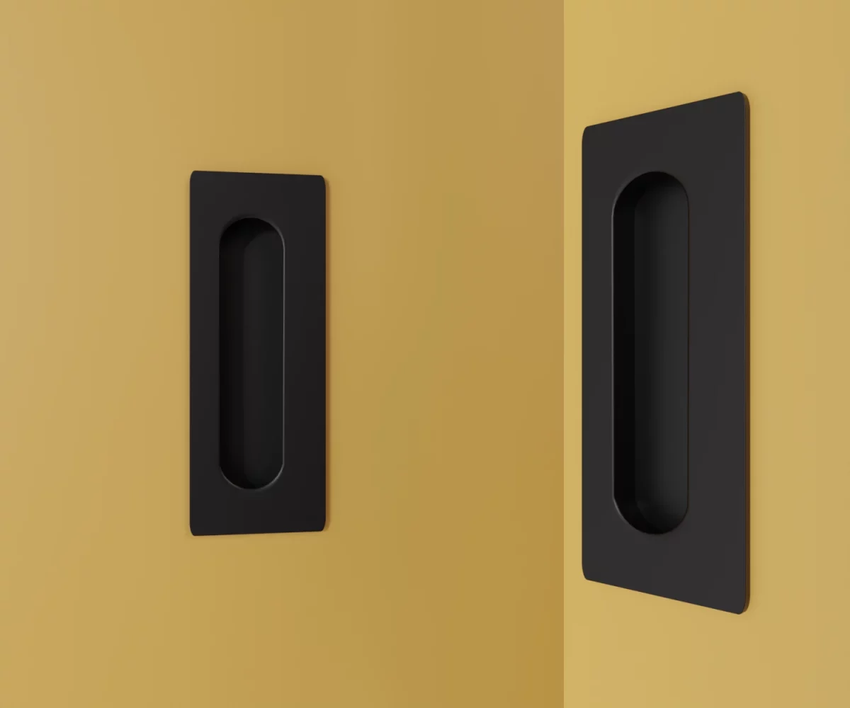 Zwei mattschwarze Zink-Möbelgriffe vom Typ HA-ZI-10036 vor gelbem Hintergrund: links in Frontalansicht, rechts in Dreiviertelansicht.