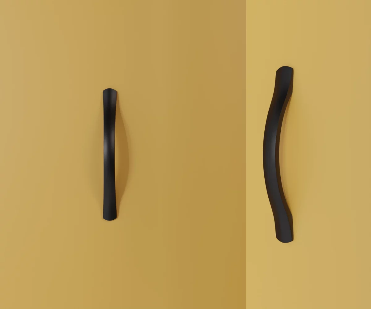 Zwei mattschwarze Zink-Möbelgriffe vom Typ HA-ZI-10037 vor gelbem Hintergrund: links in Frontalansicht, rechts in Dreiviertelansicht.