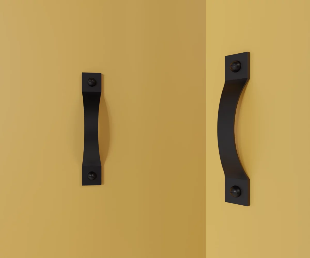 Zwei mattschwarze Zink-Möbelgriffe vom Typ HA-ZI-10041 vor gelbem Hintergrund: links in Frontalansicht, rechts in Dreiviertelansicht.