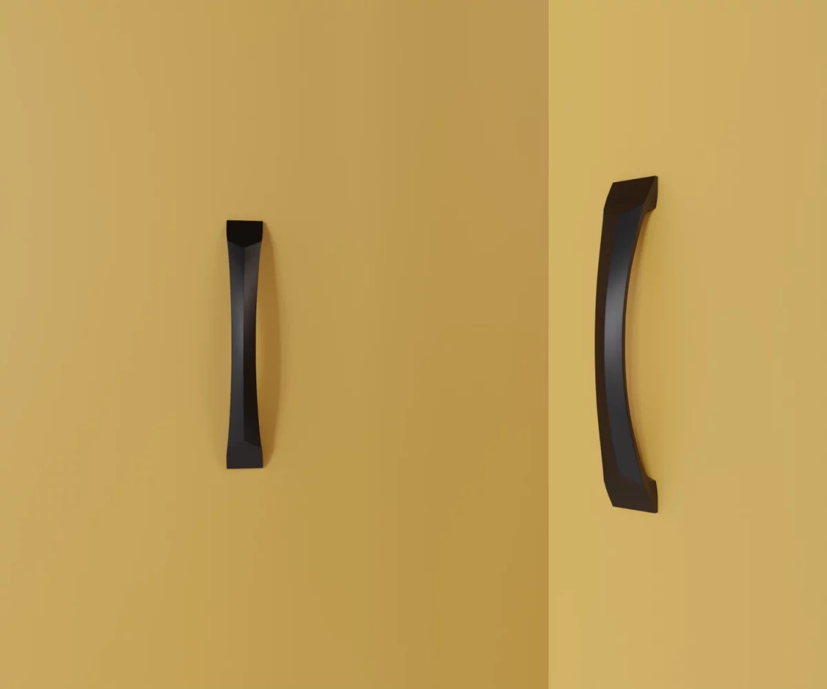 Zwei mattschwarze Zink-Möbelgriffe vom Typ HA-ZI-10042 vor gelbem Hintergrund: links in Frontalansicht, rechts in Dreiviertelansicht.