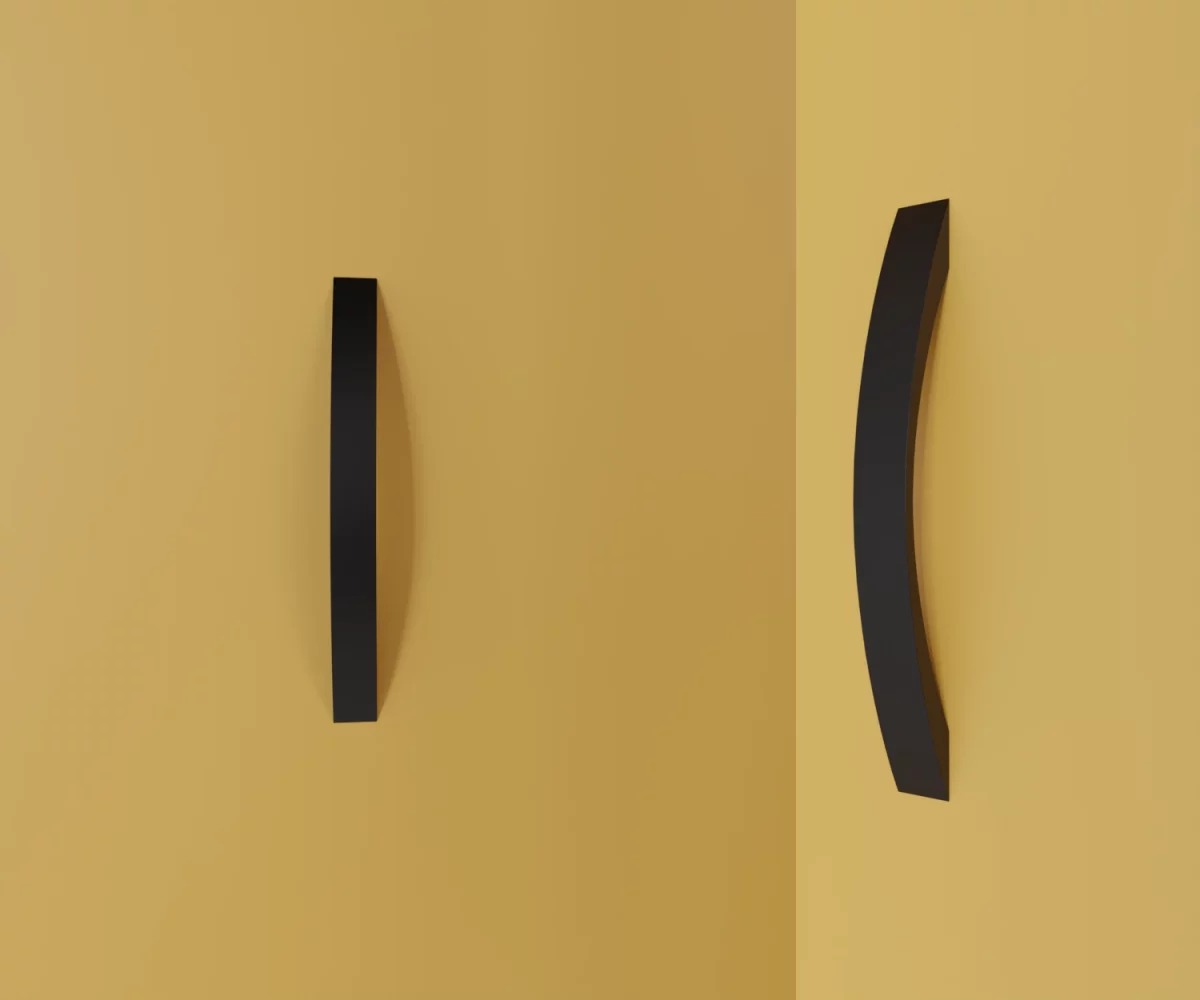 Zwei mattschwarze Zink-Möbelgriffe vom Typ HA-ZI-10043 vor gelbem Hintergrund: links in Frontalansicht, rechts in Dreiviertelansicht.