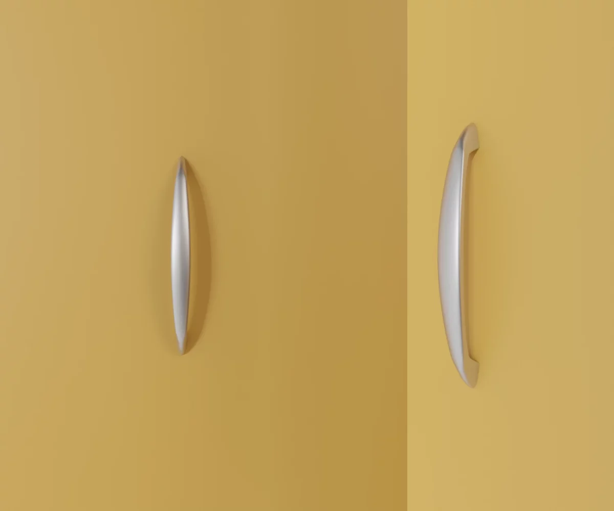 Zwei silberne Zink-Möbelgriffe vom Typ HA-ZI-10046 vor gelbem Hintergrund: links in Frontalansicht, rechts in Dreiviertelansicht.