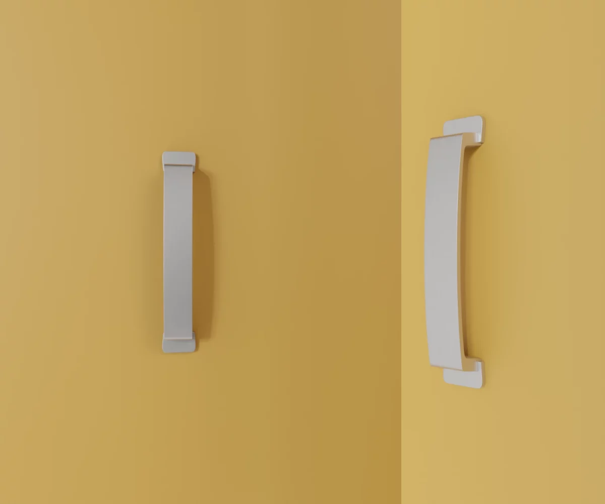 Zwei silberne Zink-Möbelgriffe vom Typ HA-ZI-10050 vor gelbem Hintergrund: links in Frontalansicht, rechts in Dreiviertelansicht.