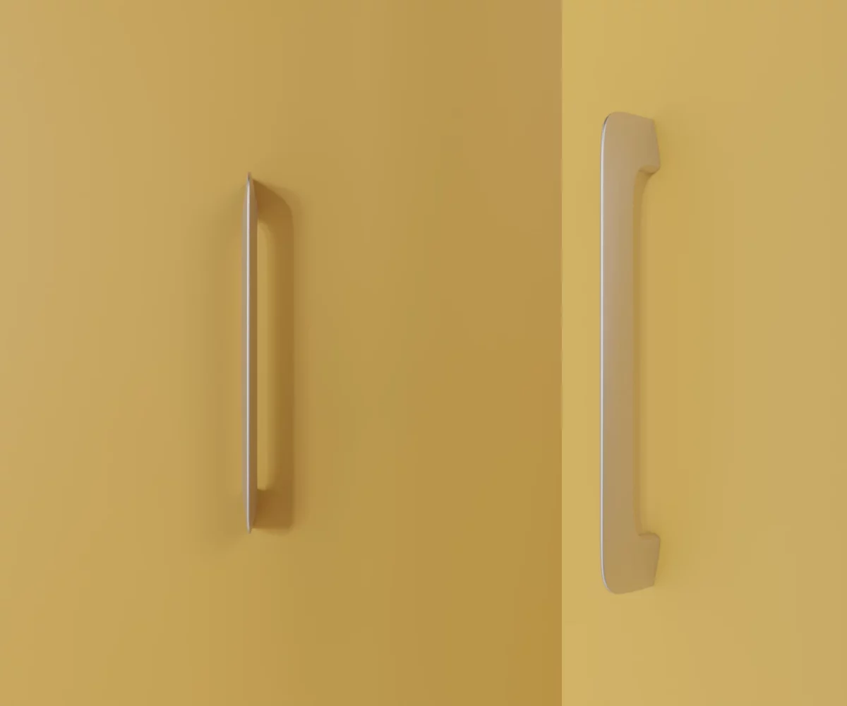 Zwei silberne Zink-Möbelgriffe vom Typ HA-ZI-10064 vor gelbem Hintergrund: links in Frontalansicht, rechts in Dreiviertelansicht.