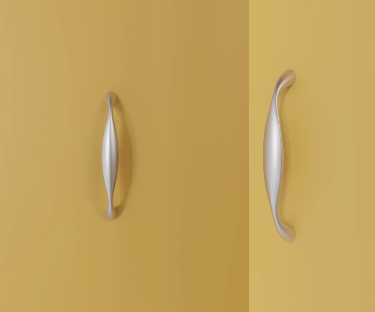 Zwei silberne Zink-Möbelgriffe vom Typ HA-ZI-10067 vor gelbem Hintergrund: links in Frontalansicht, rechts in Dreiviertelansicht.