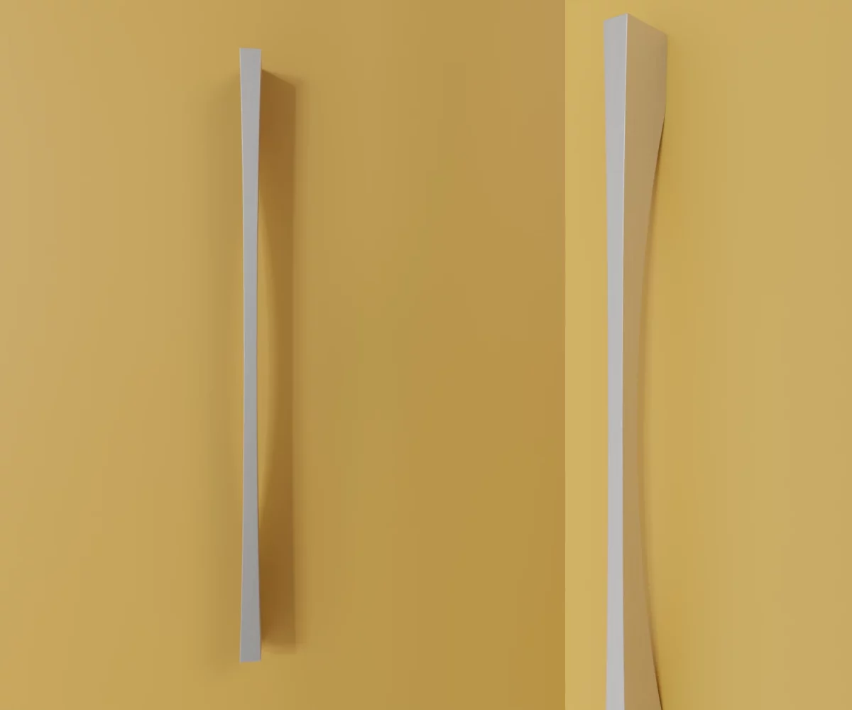 Zwei silberne Zink-Möbelgriffe vom Typ HA-ZI-10068 vor gelbem Hintergrund: links in Frontalansicht, rechts in Dreiviertelansicht.