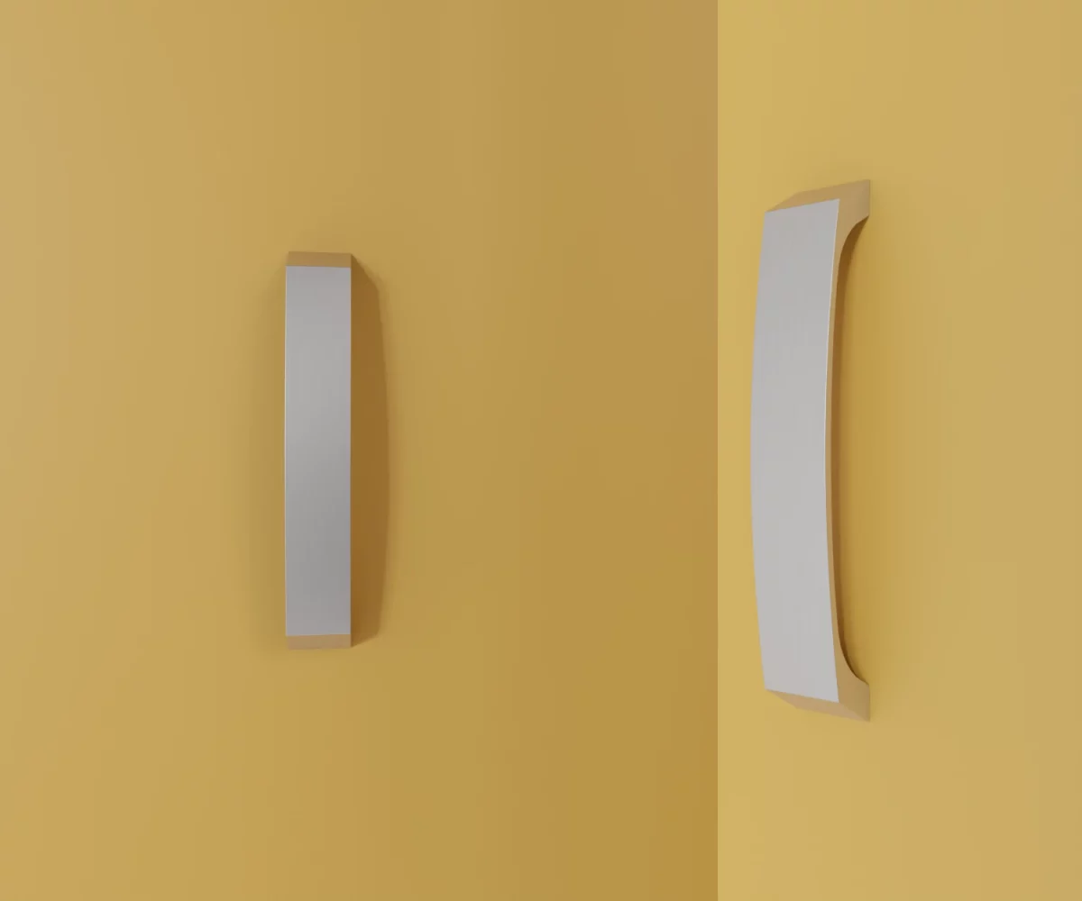 Zwei silberne Zink-Möbelgriffe vom Typ HA-ZI-10075 vor gelbem Hintergrund: links in Frontalansicht, rechts in Dreiviertelansicht.