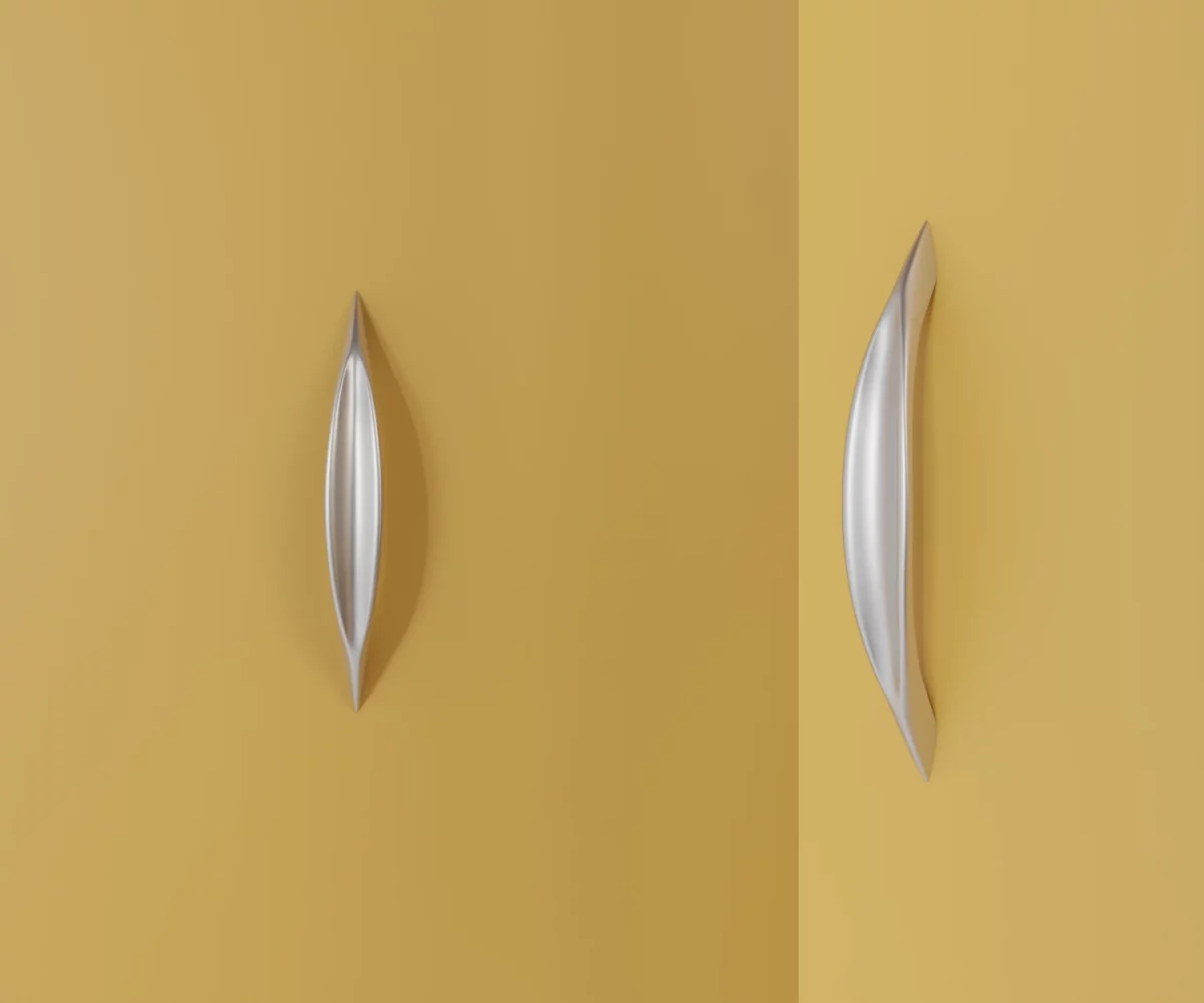 Zwei silberne Zink-Möbelgriffe vom Typ HA-ZI-10076 vor gelbem Hintergrund: links in Frontalansicht, rechts in Dreiviertelansicht.