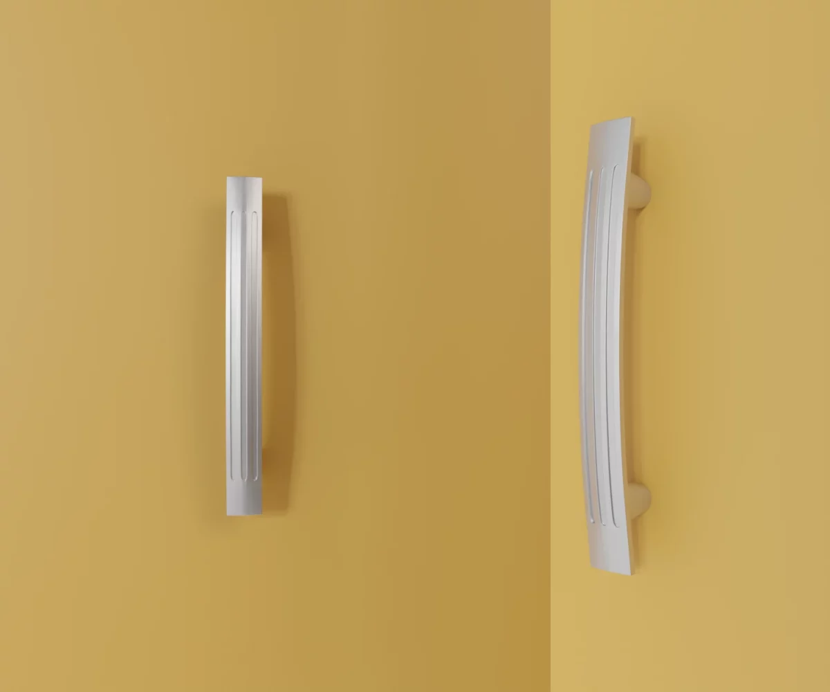 Zwei silberne Zink-Möbelgriffe vom Typ HA-ZI-10086 vor gelbem Hintergrund: links in Frontalansicht, rechts in Dreiviertelansicht.