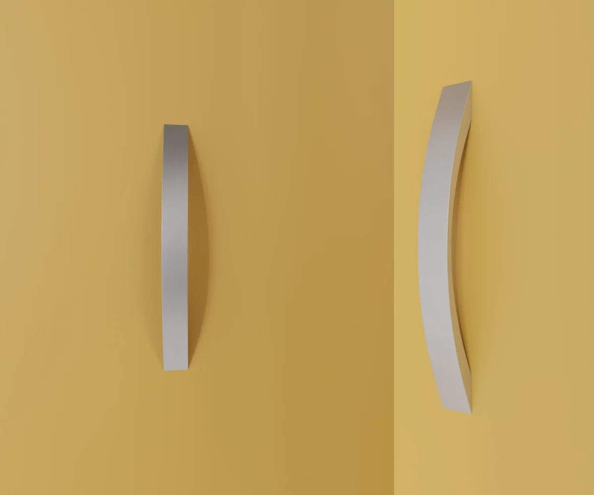 Zwei silberne Zink-Möbelgriffe vom Typ HA-ZI-10091 vor gelbem Hintergrund: links in Frontalansicht, rechts in Dreiviertelansicht.