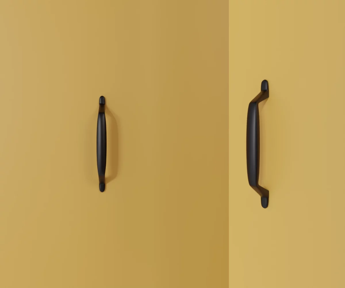 Zwei mattschwarze Zink-Möbelgriffe vom Typ HA-ZI-10093 vor gelbem Hintergrund: links in Frontalansicht, rechts in Dreiviertelansicht.