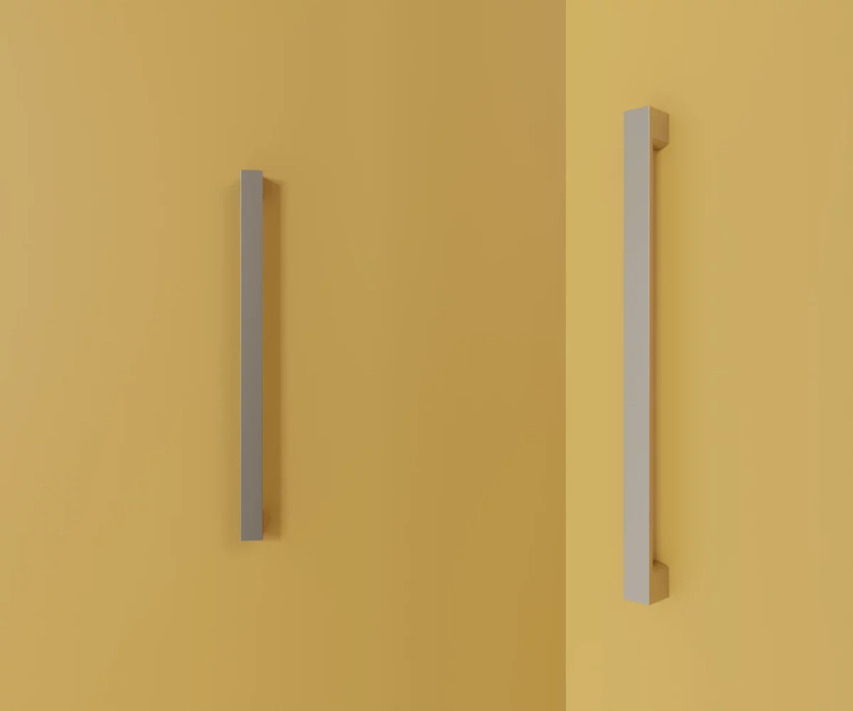 Zwei silberne Zink-Möbelgriffe vom Typ HA-ZI-10098 vor gelbem Hintergrund: links in Frontalansicht, rechts in Dreiviertelansicht.