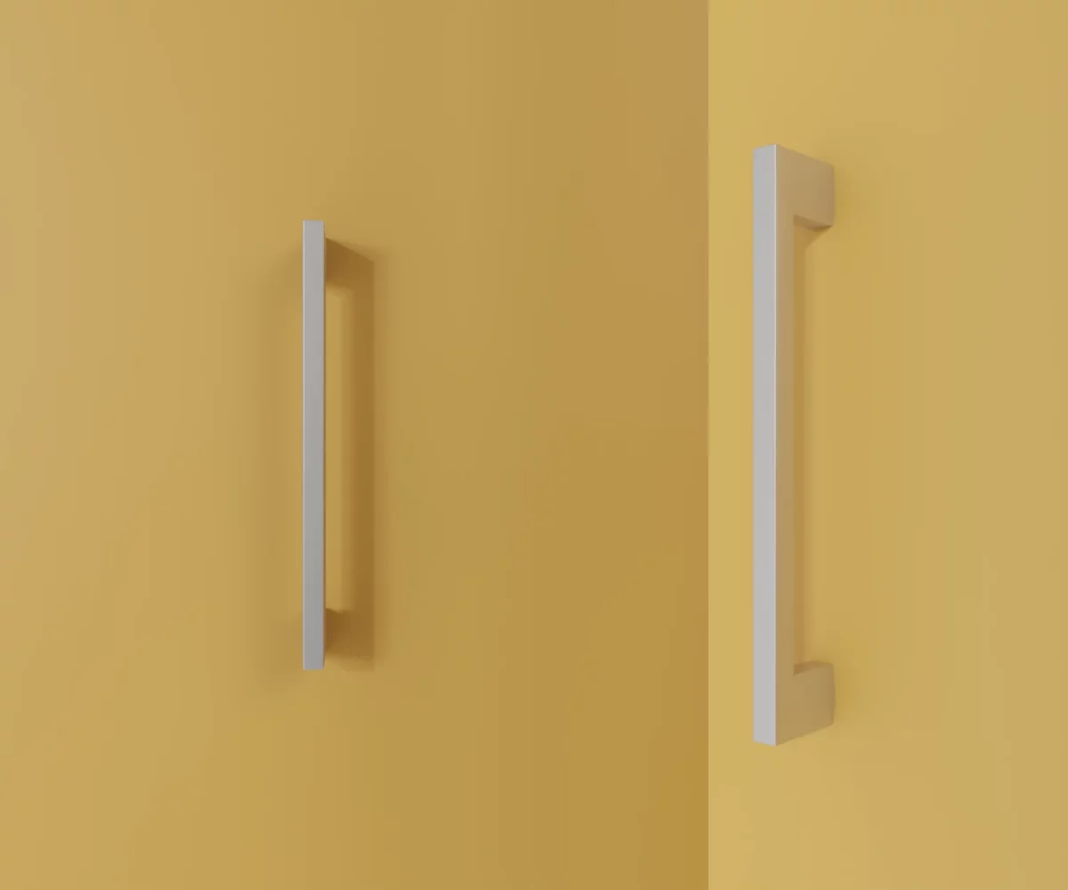 Zwei silberne Zink-Möbelgriffe vom Typ HA-ZI-10102 vor gelbem Hintergrund: links in Frontalansicht, rechts in Dreiviertelansicht.