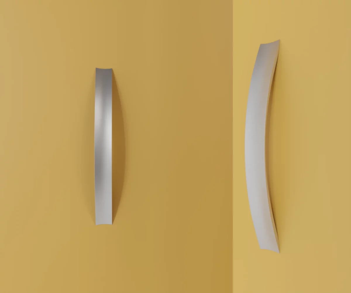 Zwei silberne Zink-Möbelgriffe vom Typ HA-ZI-10103 vor gelbem Hintergrund: links in Frontalansicht, rechts in Dreiviertelansicht.