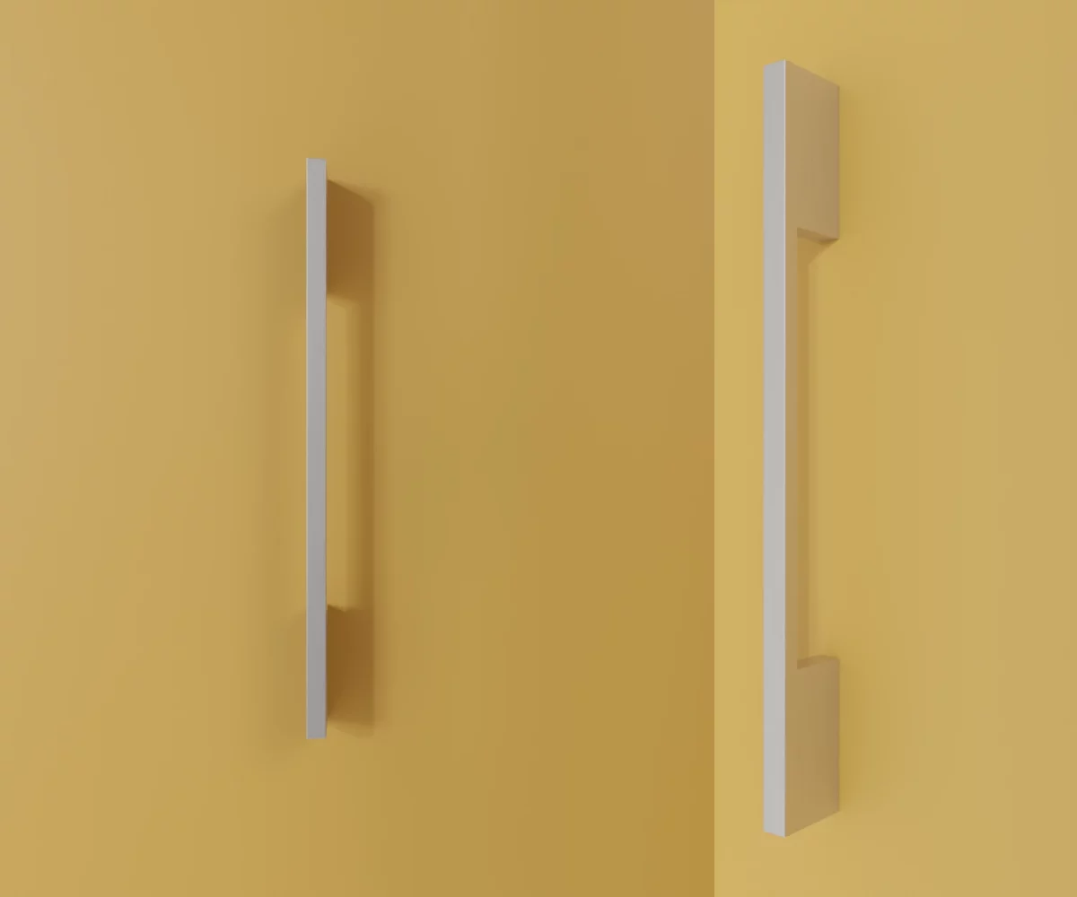 Zwei silberne Zink-Möbelgriffe vom Typ HA-ZI-10104 vor gelbem Hintergrund: links in Frontalansicht, rechts in Dreiviertelansicht.