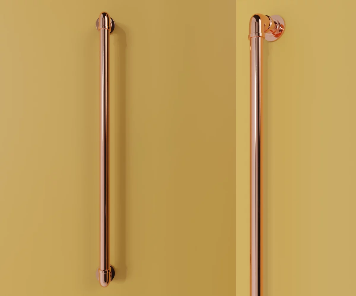 Zwei kupferfarbene Zink-Möbelgriffe vom Typ HA-ZI-10139 vor gelbem Hintergrund: links in Frontalansicht, rechts in Dreiviertelansicht.