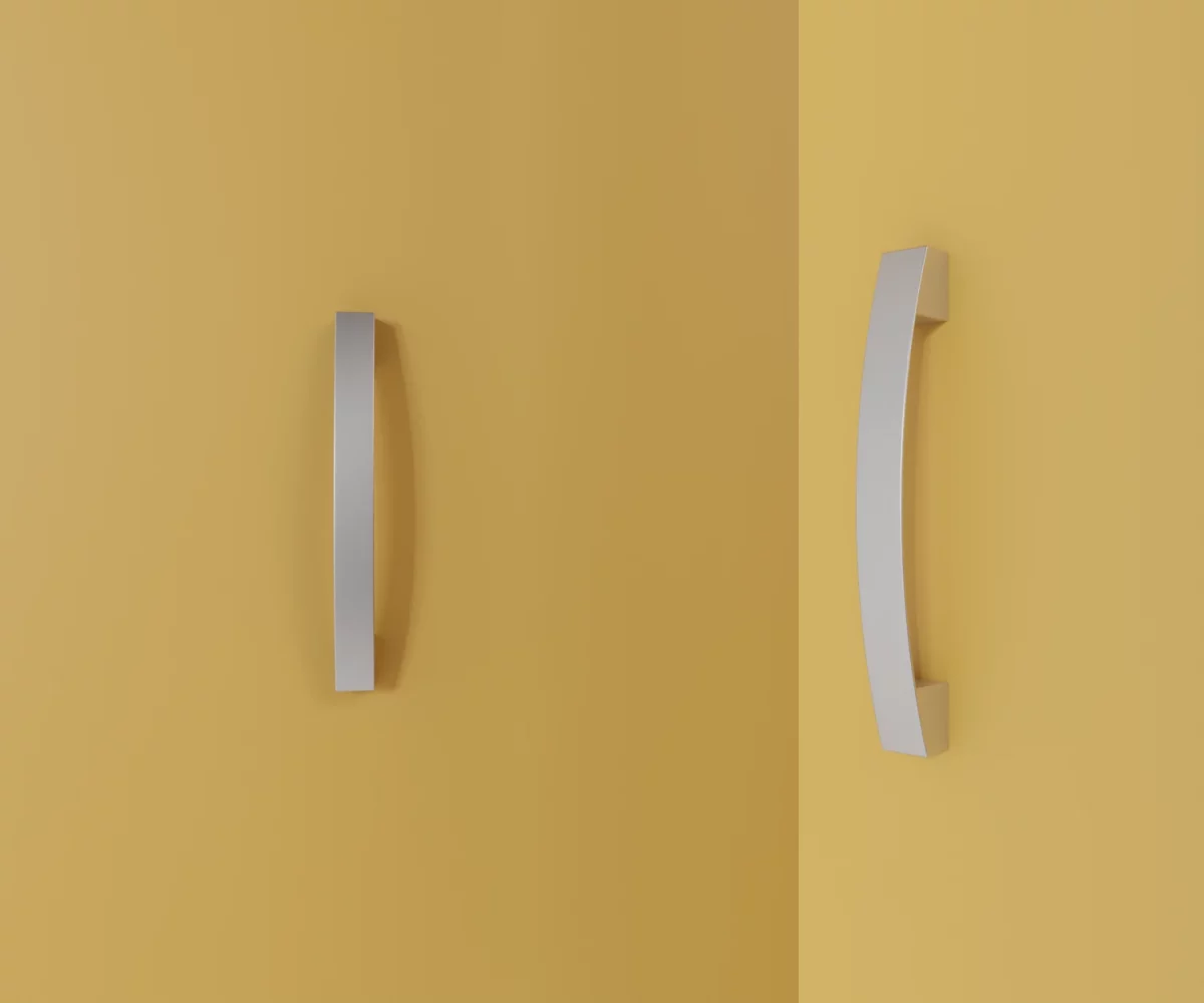 Zwei silberne Zink-Möbelgriffe vom Typ HA-ZI-11007 vor gelbem Hintergrund: links in Frontalansicht, rechts in Dreiviertelansicht.