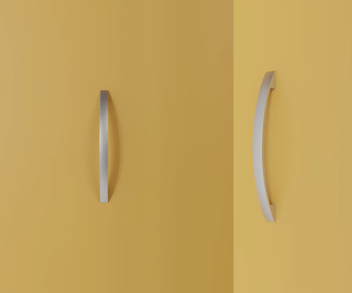 Zwei silberne Zink-Möbelgriffe vom Typ HA-ZI-11008 vor gelbem Hintergrund: links in Frontalansicht, rechts in Dreiviertelansicht.