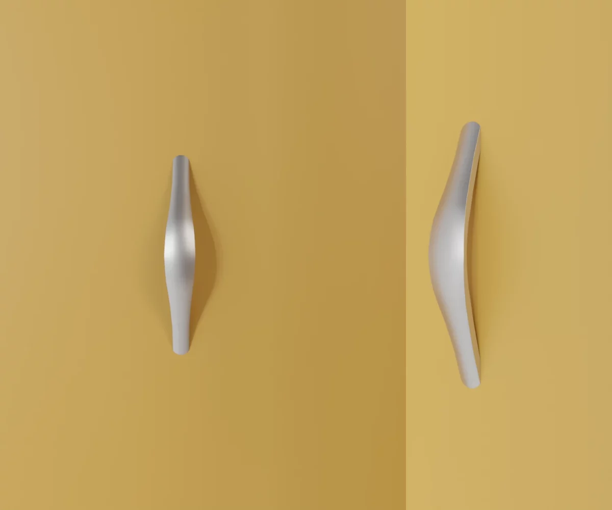 Zwei silberne Zink-Möbelgriffe vom Typ HA-ZI-11009 vor gelbem Hintergrund: links in Frontalansicht, rechts in Dreiviertelansicht.