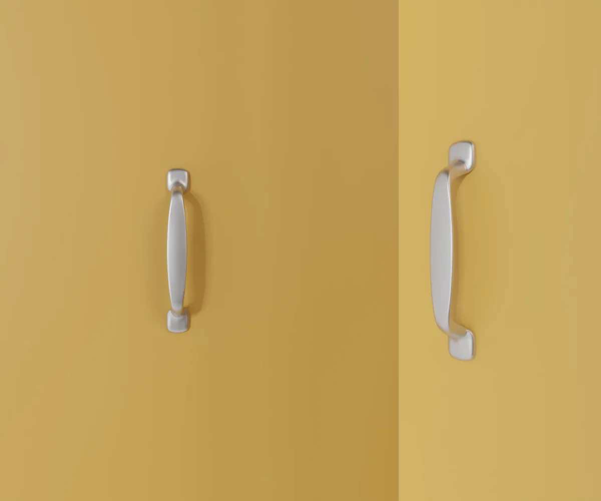 Zwei silberne Zink-Möbelgriffe vom Typ HA-ZI-11010 vor gelbem Hintergrund: links in Frontalansicht, rechts in Dreiviertelansicht.