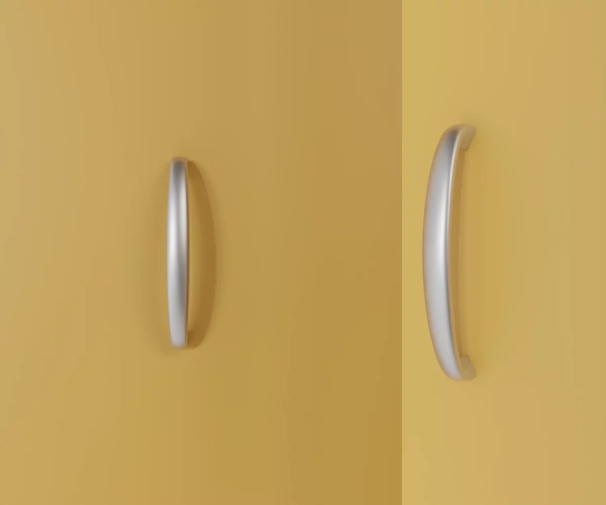 Zwei silberne Zink-Möbelgriffe vom Typ HA-ZI-11011 vor gelbem Hintergrund: links in Frontalansicht, rechts in Dreiviertelansicht.