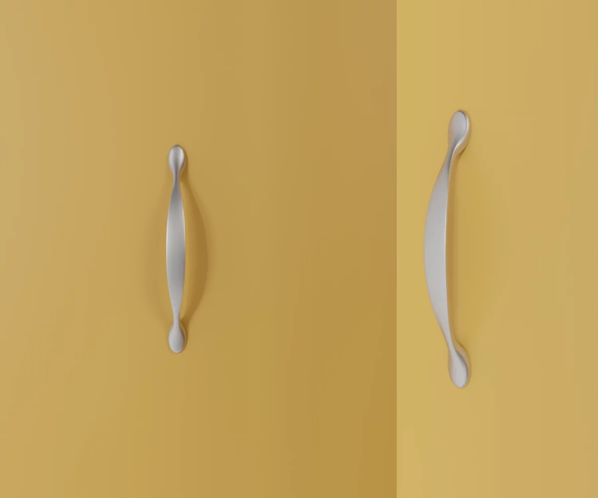 Zwei silberne Zink-Möbelgriffe vom Typ HA-ZI-11013 vor gelbem Hintergrund: links in Frontalansicht, rechts in Dreiviertelansicht.