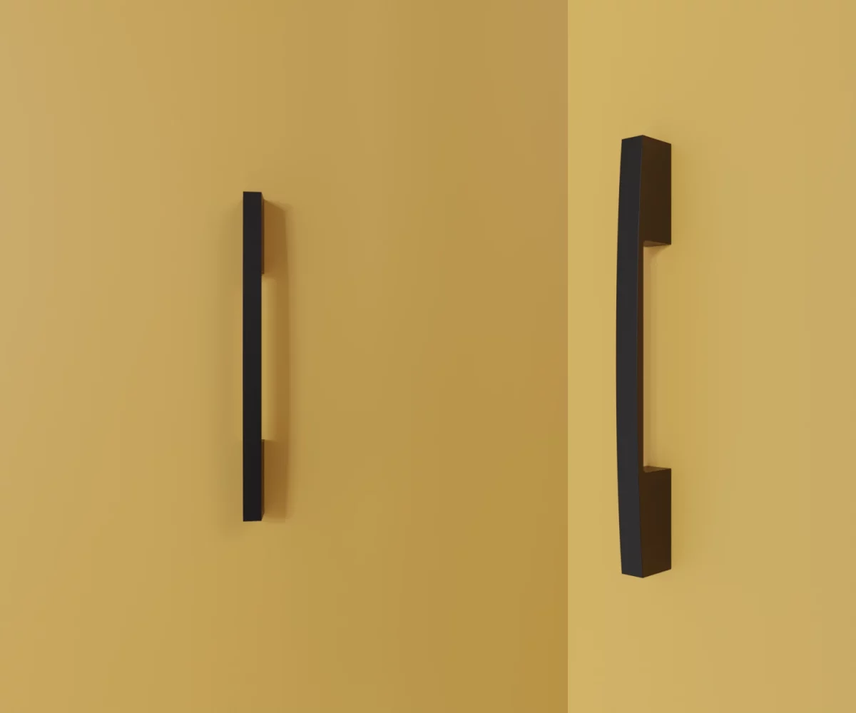 Zwei mattschwarze Zink-Möbelgriffe vom Typ HA-ZI-11015 vor gelbem Hintergrund: links in Frontalansicht, rechts in Dreiviertelansicht.