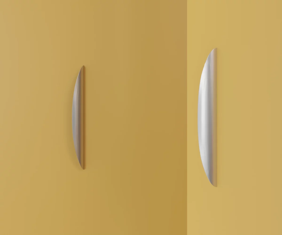 Zwei silberne Zink-Möbelgriffe vom Typ HA-ZI-11016 vor gelbem Hintergrund: links in Frontalansicht, rechts in Dreiviertelansicht.