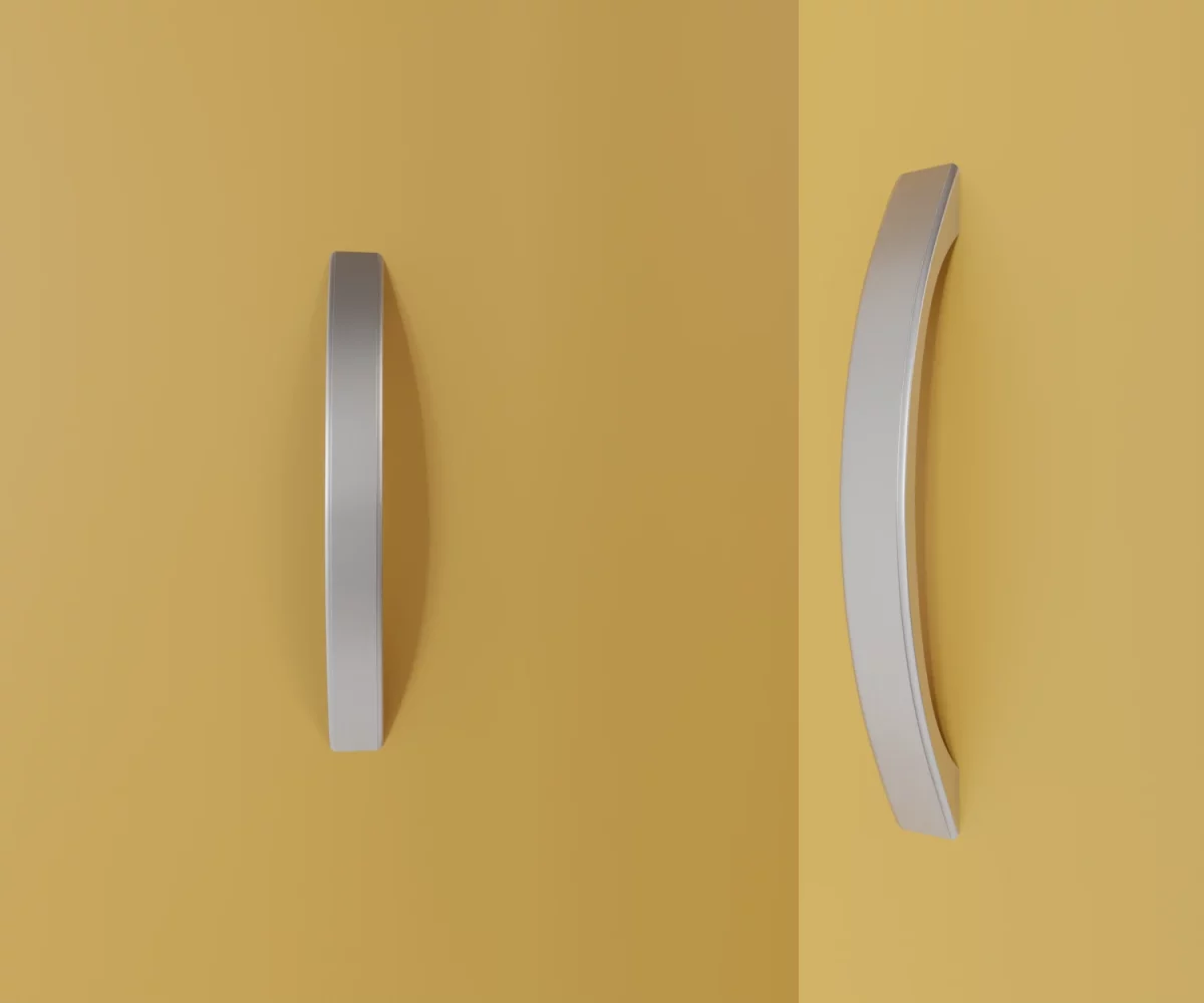 Zwei silberne Zink-Möbelgriffe vom Typ HA-ZI-11017 vor gelbem Hintergrund: links in Frontalansicht, rechts in Dreiviertelansicht.