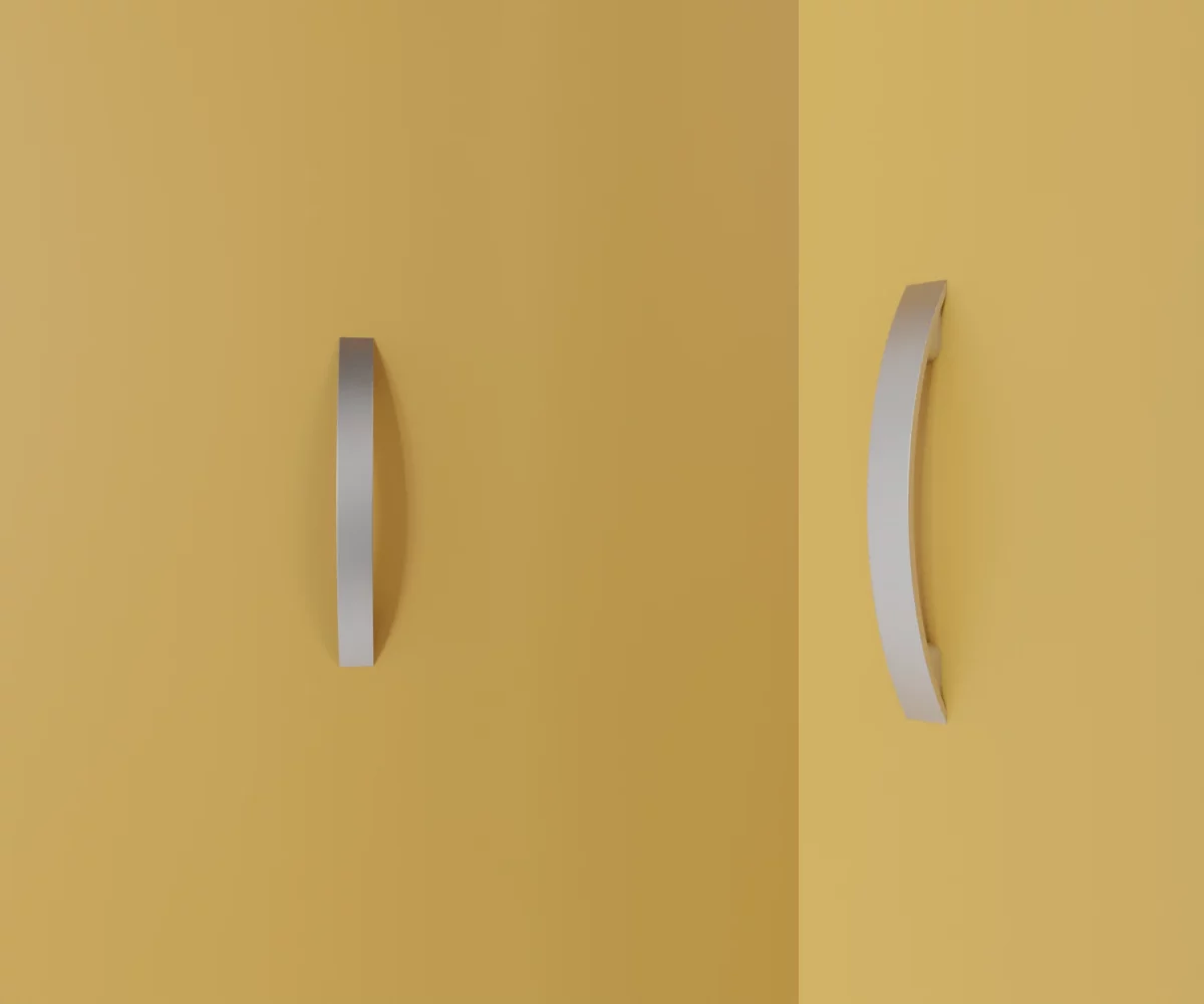 Zwei silberne Zink-Möbelgriffe vom Typ HA-ZI-11018 vor gelbem Hintergrund: links in Frontalansicht, rechts in Dreiviertelansicht.