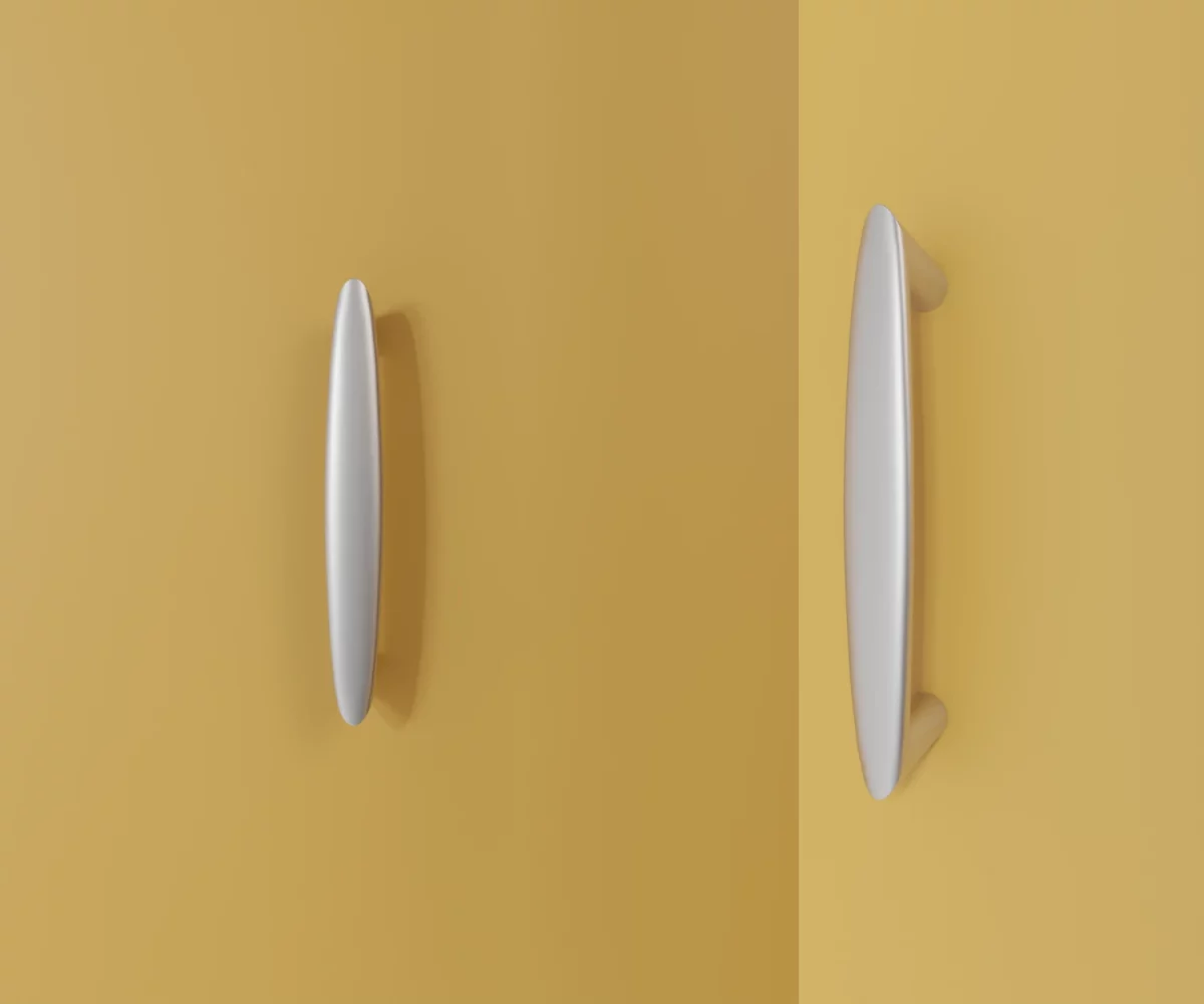 Zwei silberne Zink-Möbelgriffe vom Typ HA-ZI-11019 vor gelbem Hintergrund: links in Frontalansicht, rechts in Dreiviertelansicht.