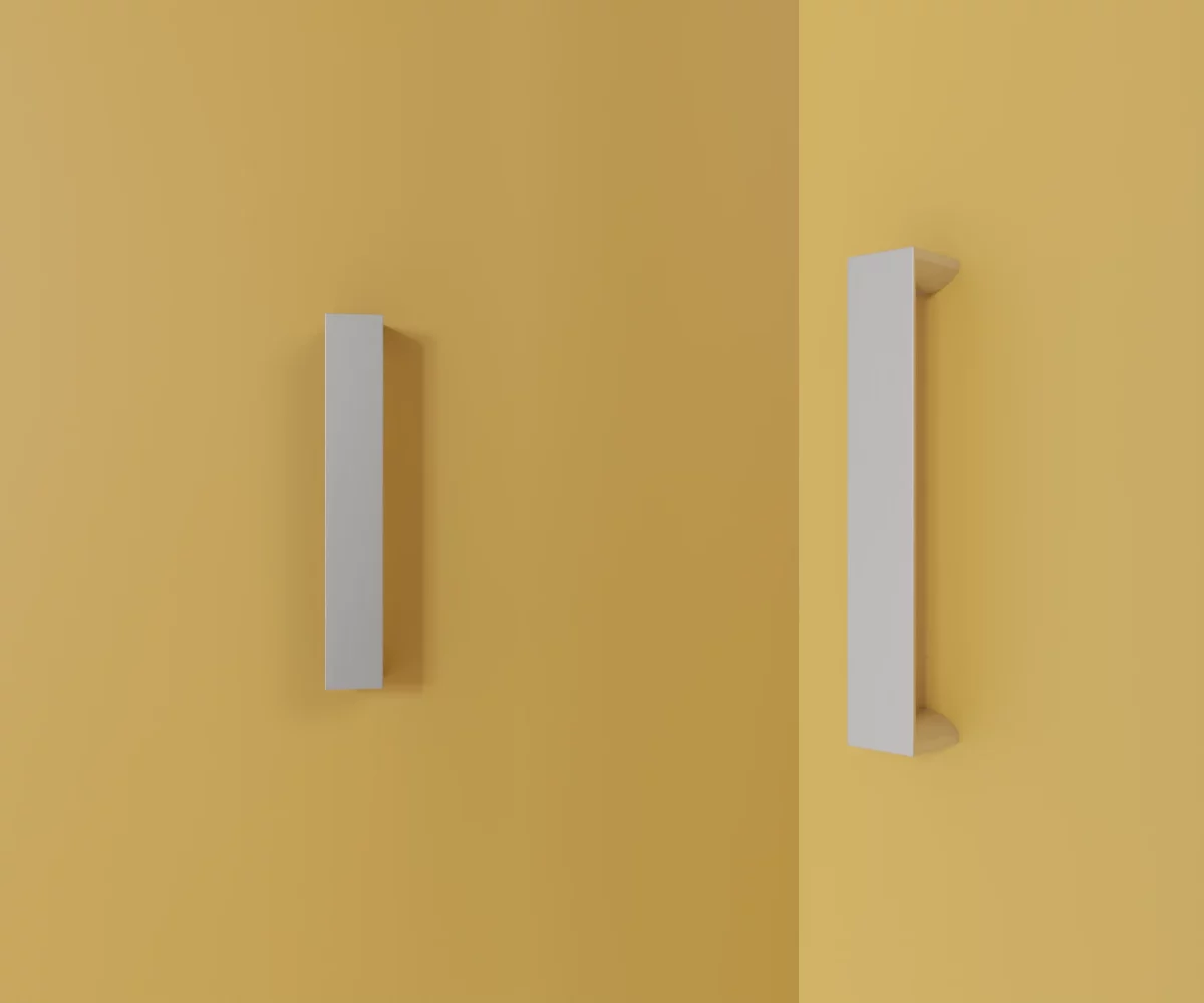 Zwei silberne Zink-Möbelgriffe vom Typ HA-ZI-11020 vor gelbem Hintergrund: links in Frontalansicht, rechts in Dreiviertelansicht.