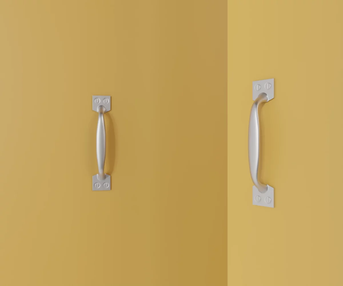 Zwei silberne Zink-Möbelgriffe vom Typ HA-ZI-11021 vor gelbem Hintergrund: links in Frontalansicht, rechts in Dreiviertelansicht.