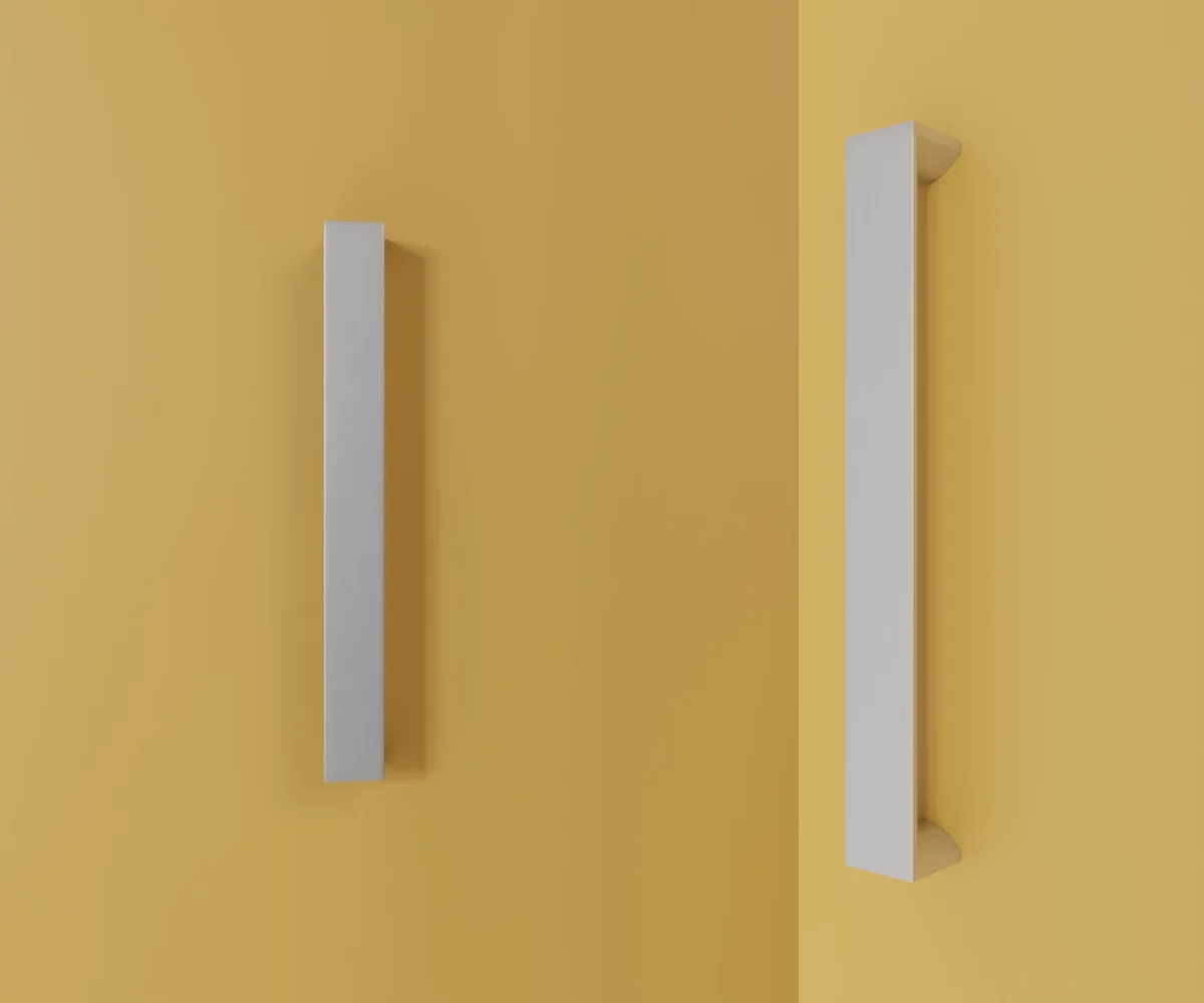 Zwei silberne Zink-Möbelgriffe vom Typ HA-ZI-11023 vor gelbem Hintergrund: links in Frontalansicht, rechts in Dreiviertelansicht.