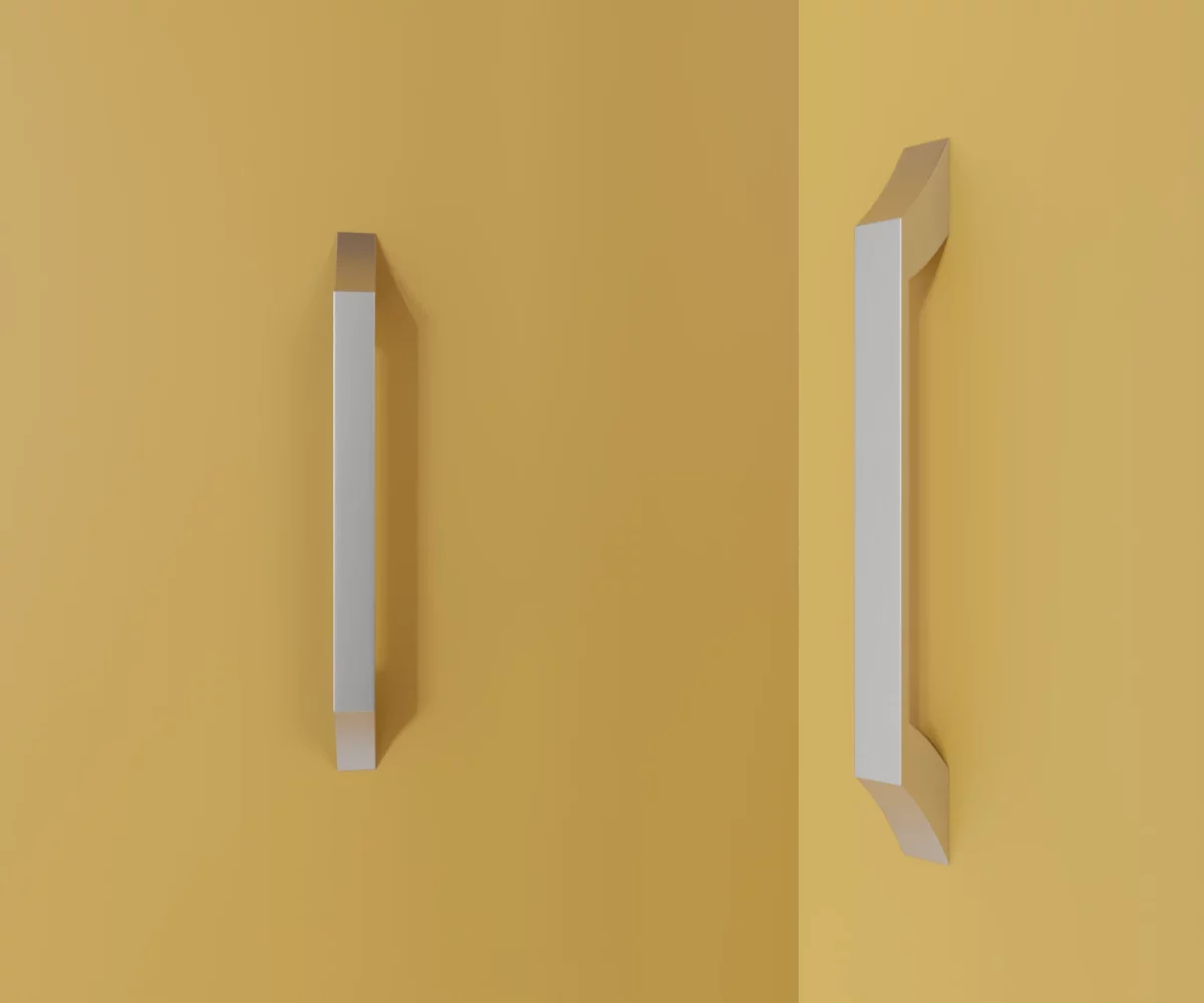 Zwei silberne Zink-Möbelgriffe vom Typ HA-ZI-11025 vor gelbem Hintergrund: links in Frontalansicht, rechts in Dreiviertelansicht.