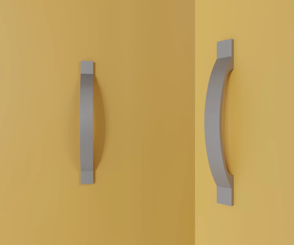 Zwei graue Zink-Möbelgriffe vom Typ HA-ZI-11026 vor gelbem Hintergrund: links in Frontalansicht, rechts in Dreiviertelansicht.